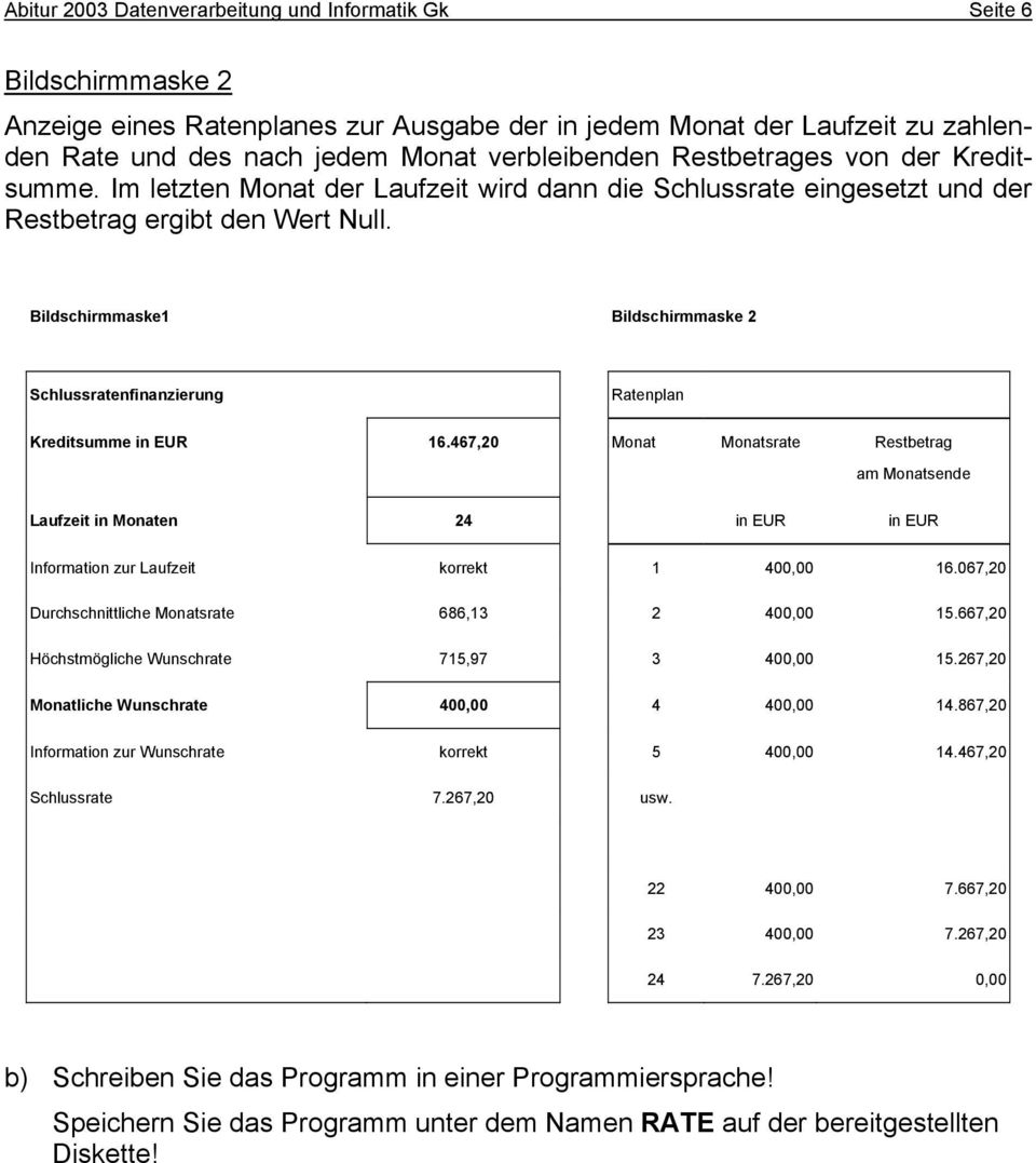 Bildschirmmaske1 Bildschirmmaske 2 Schlussratenfinanzierung Ratenplan Kreditsumme in EUR 16.