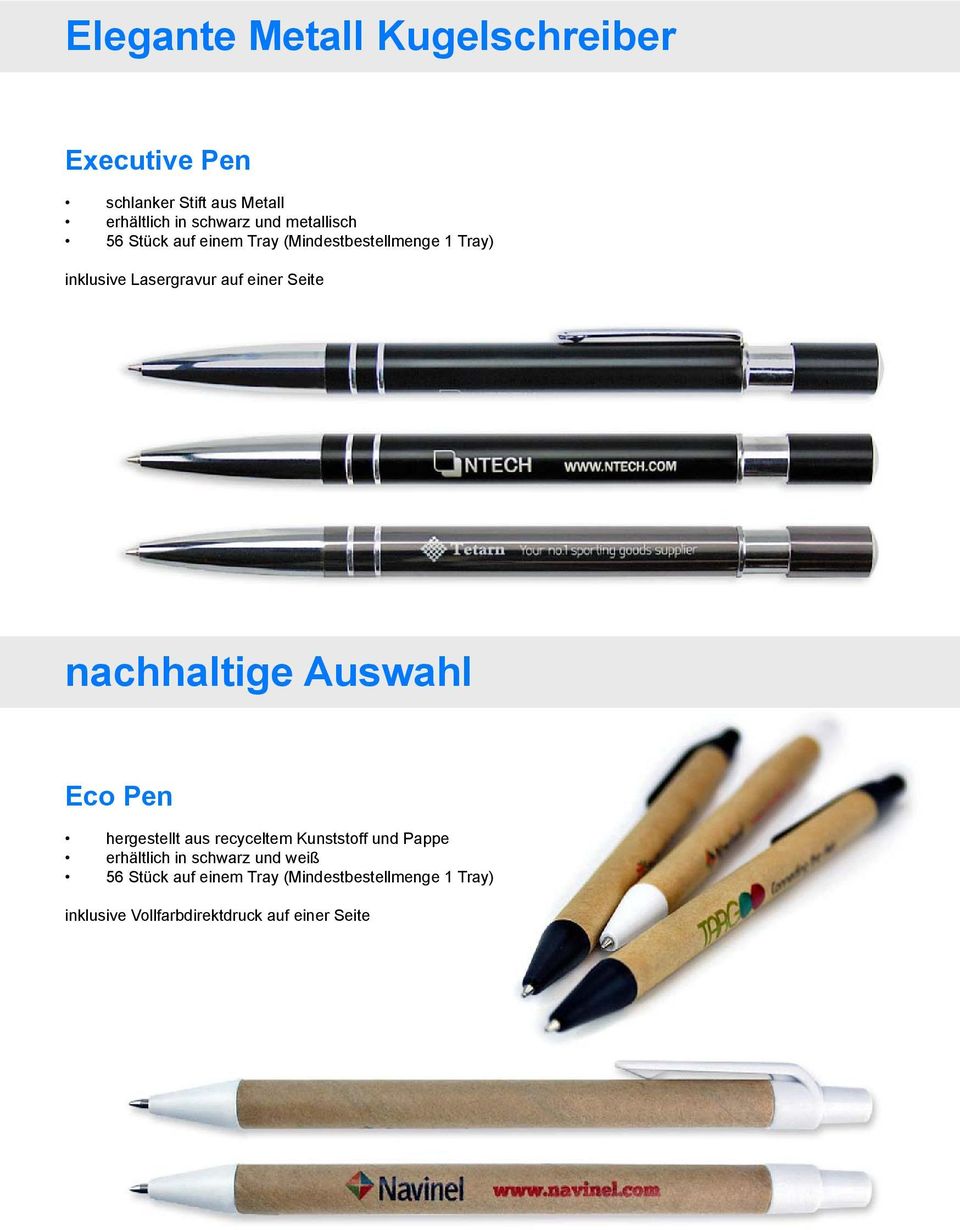 nachhaltige Auswahl Eco Pen hergestellt aus recyceltem Kunststoff und Pappe erhältlich in schwarz und
