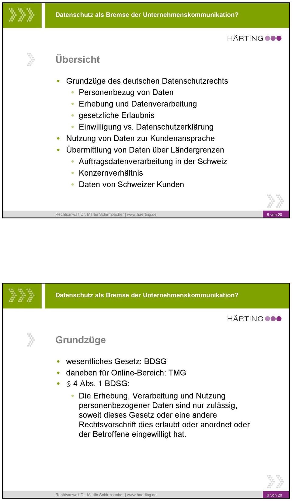 Daten von Schweizer Kunden 5 von 20 Grundzüge wesentliches Gesetz: BDSG daneben für Online-Bereich: TMG 4 Abs.