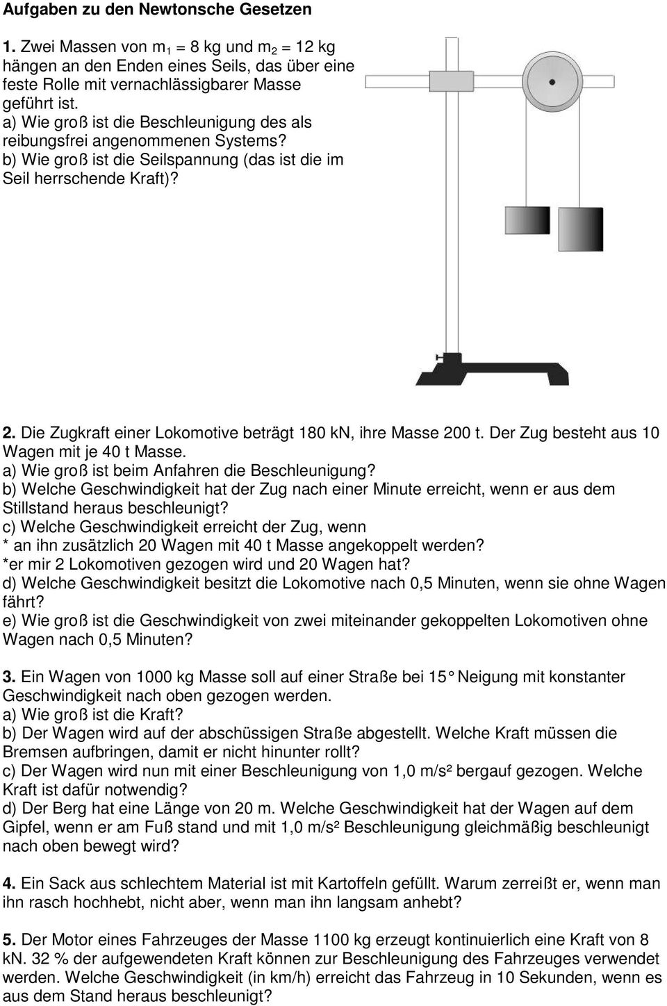 Der Zug betet au 0 Wagen it je 40 t Mae. a) Wie groß it bei Anfaren die Becleunigung? b) Welce Gecwindigkeit at der Zug nac einer Minute erreict, wenn er au de Stilltand erau becleunigt?