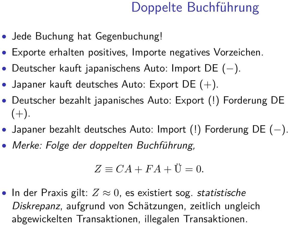 Deutscher bezahlt japanisches Auto: Export (!) Forderung DE (+). Japaner bezahlt deutsches Auto: Import (!) Forderung DE ( ).