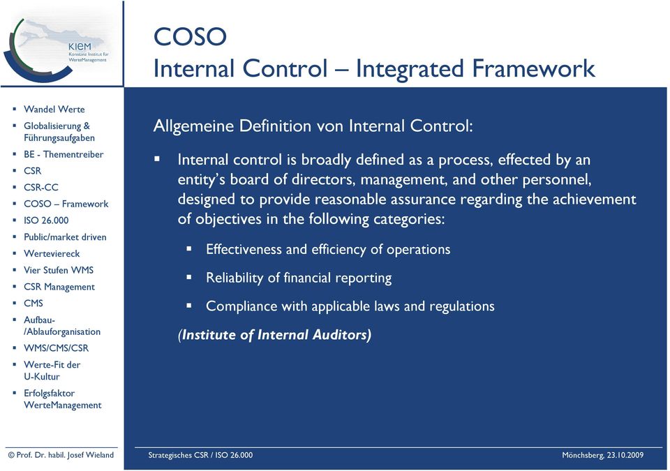 Definition von Internal Control: Internal control is broadly defined as a process, effected by an entity s board of directors, management, and other personnel, designed to provide