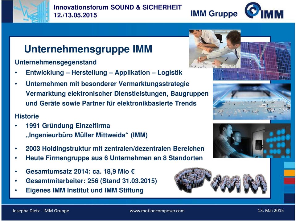 Ingenieurbüro Müller Mittweida (IMM) 2003 Holdingstruktur mit zentralen/dezentralen Bereichen Heute Firmengruppe aus 6 Unternehmen an 8 Standorten