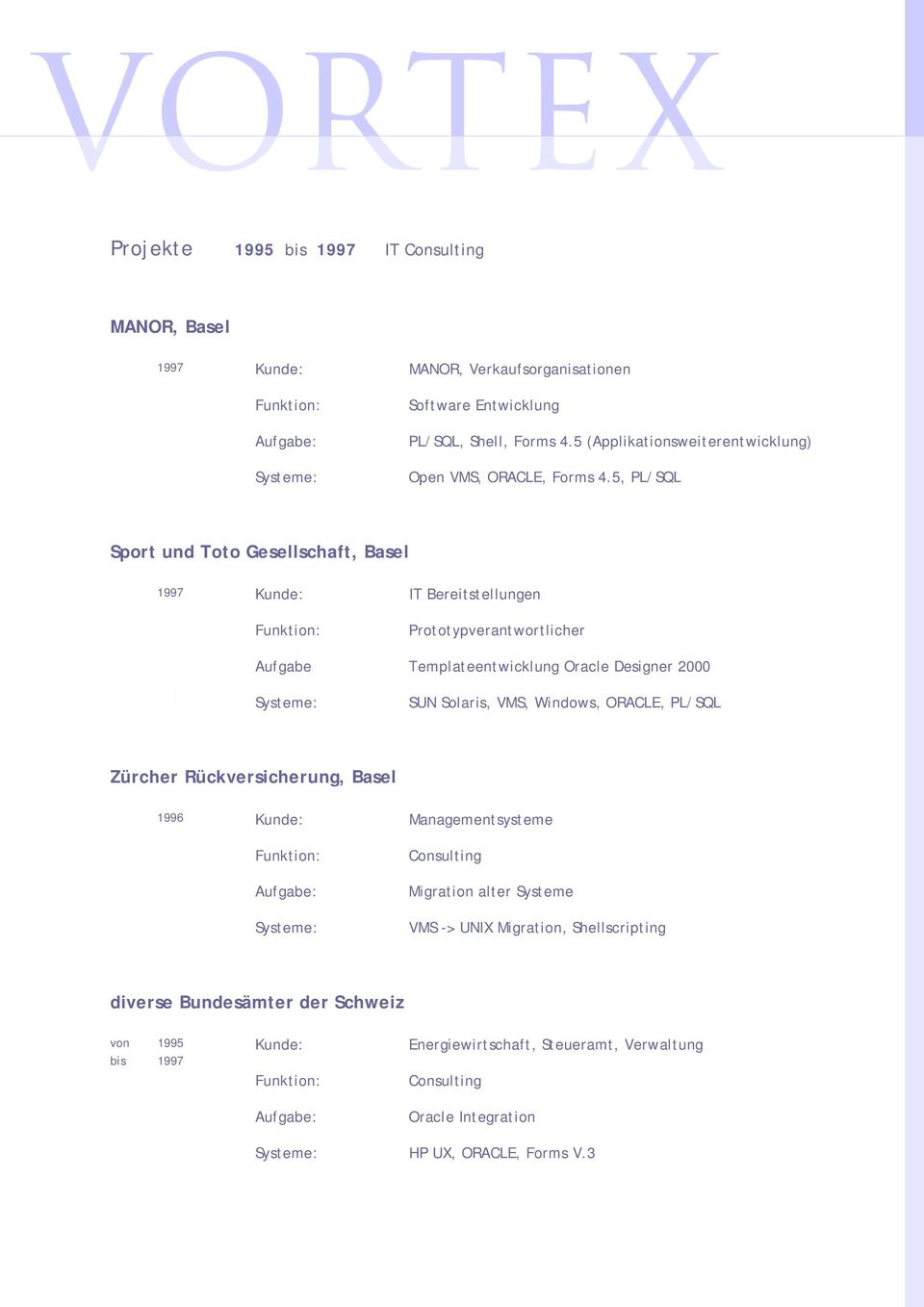 5, PL/SQL Sport und Toto Gesellschaft, Basel 1997 Kunde: IT Bereitstellungen Prototypverantwortlicher Aufgabe Templateentwicklung Oracle Designer 2000 SUN
