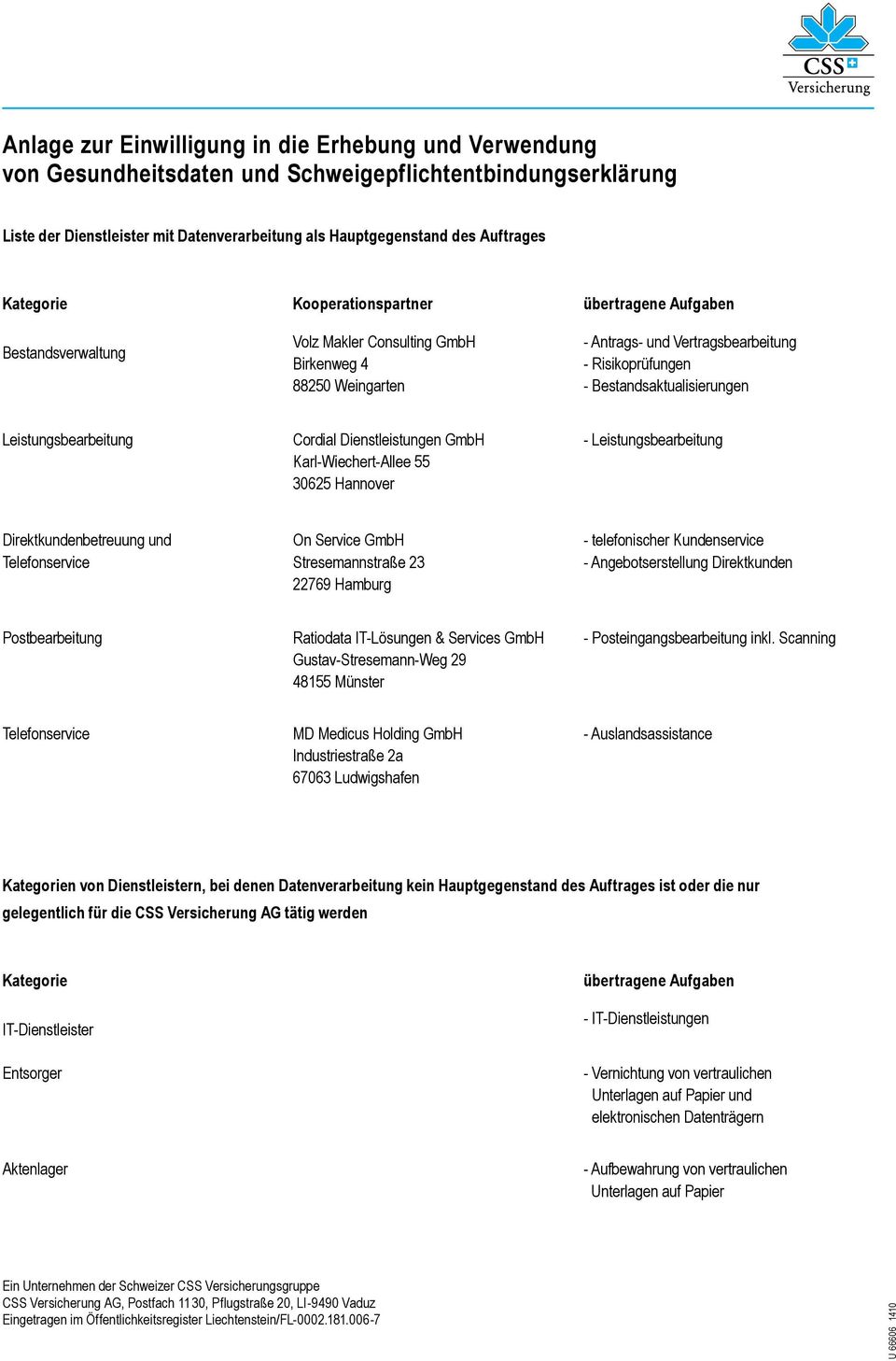 Bestandsaktualisierungen Leistungsbearbeitung Cordial Dienstleistungen GmbH Karl-Wiechert-Allee 55 30625 Hannover - Leistungsbearbeitung Direktkundenbetreuung und Telefonservice On Service GmbH
