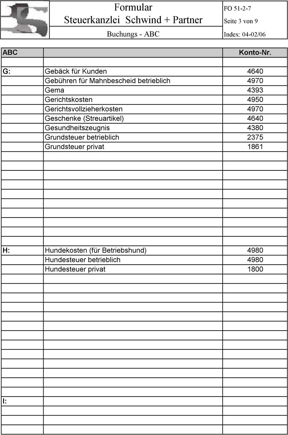 4970 Geschenke (Streuartikel) 4640 Gesundheitszeugnis 4380 Grundsteuer betrieblich 2375 Grundsteuer