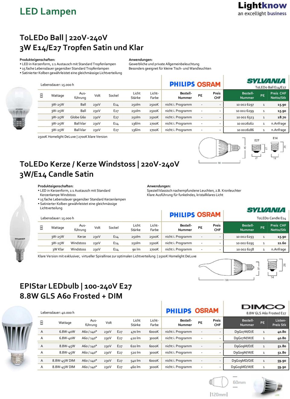 000 h - ToLEDo Ball E14/E27 3W-25W Ball 230V E14 250lm 2500K nicht i. Programm - - 10 002 6297 1 15.90 3W-25W Ball 230V E27 250lm 2500K nicht i. Programm - - 10 002 6299 1 15.