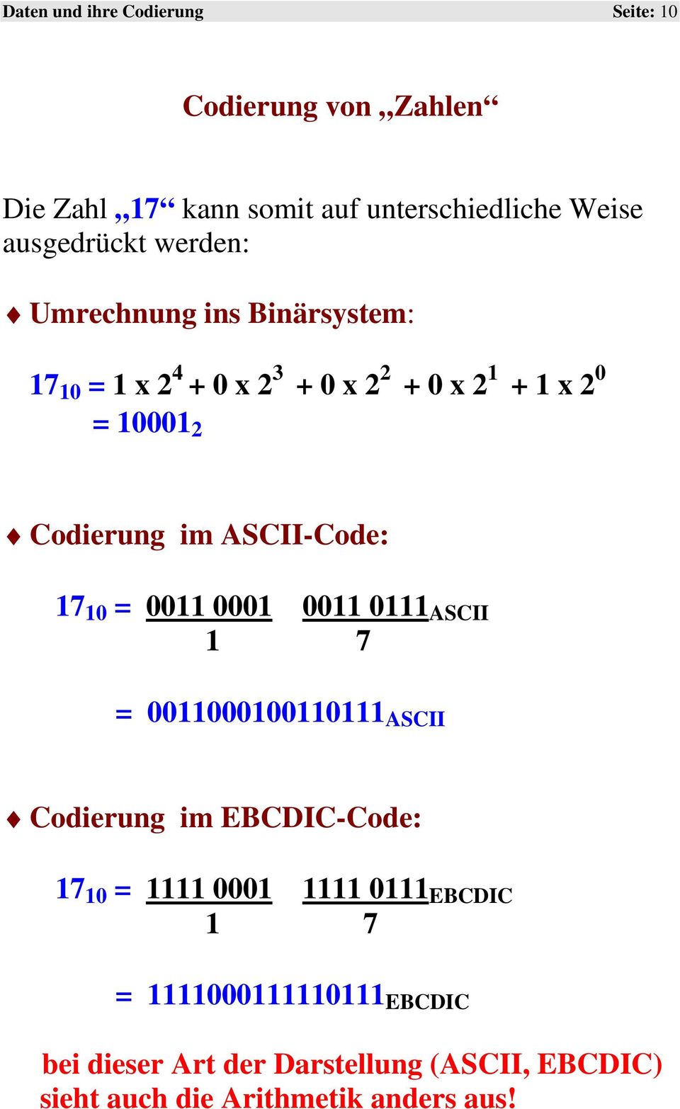 ASCII-Code: 17 10 = 0011 0001 0011 0111 ASCII 1 7 = 0011000100110111 ASCII Codierung im EBCDIC-Code: 17 10 = 1111 0001