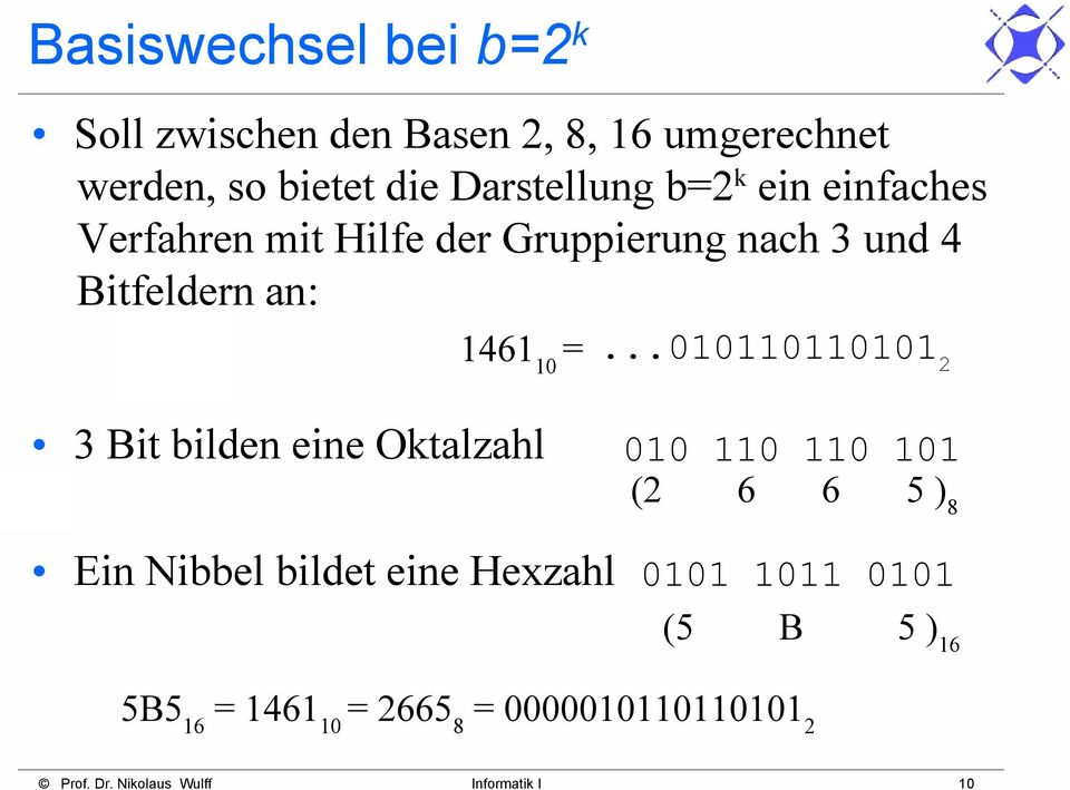 an: 3 Bit bilden eine Oktalzahl 1461 10 = Ein Nibbel bildet eine Hexzahl.