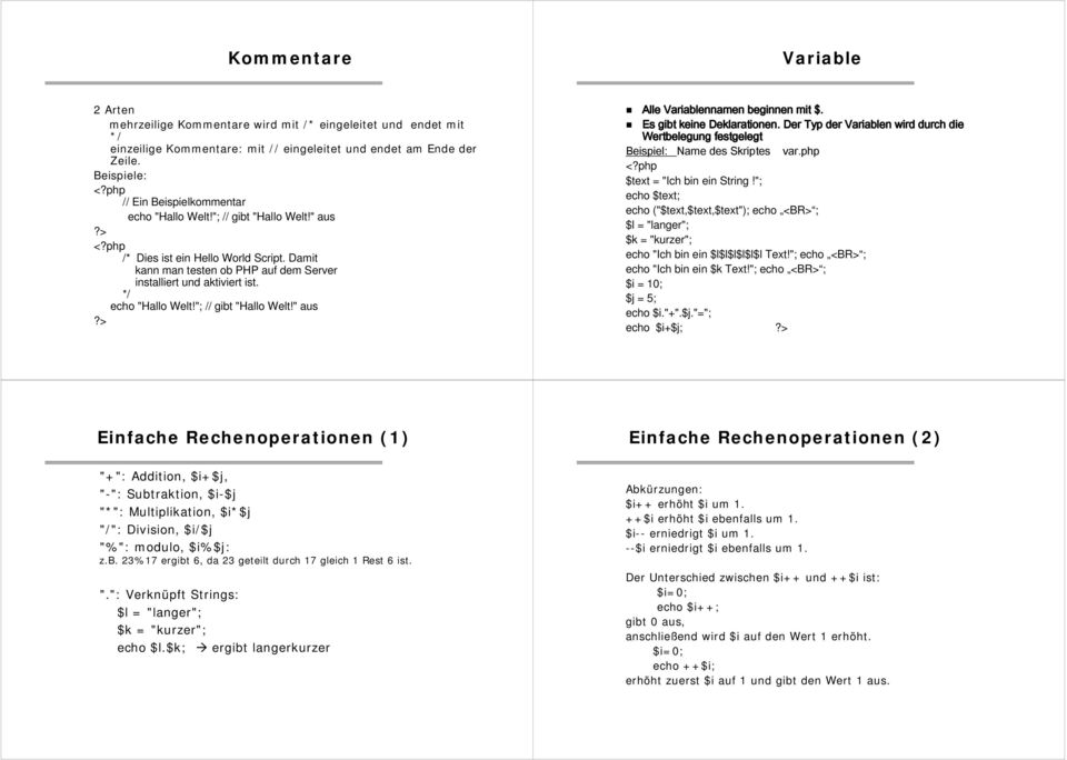 */ echo "Hallo Welt!"; // gibt "Hallo Welt!" aus Alle Variablennamen beginnen mit $. Es gibt keine Deklarationen.