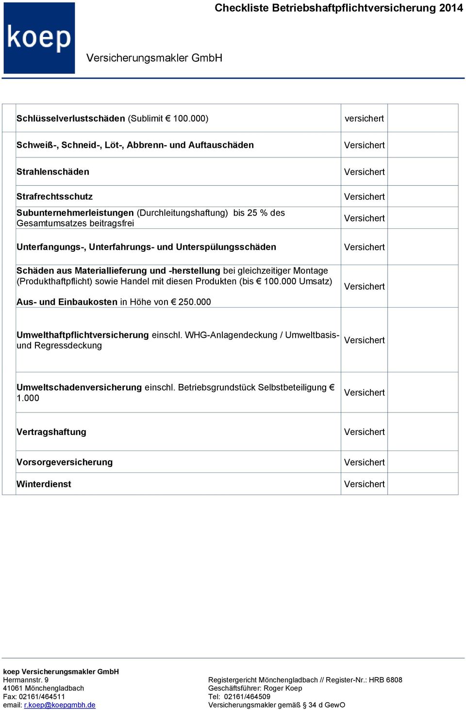 beitragsfrei Unterfangungs-, Unterfahrungs- und Unterspülungsschäden Schäden aus Materiallieferung und -herstellung bei gleichzeitiger Montage (Produkthaftpflicht) sowie