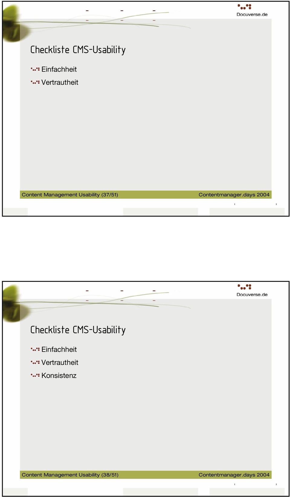 days 2004 Checkliste CMS-Usability Einfachheit