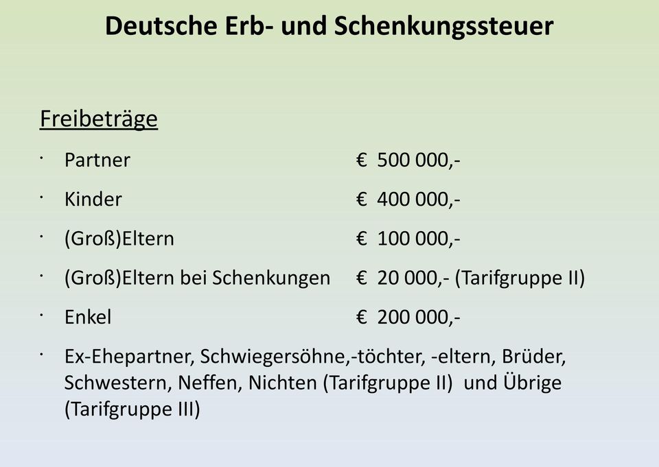 (Tarifgruppe II) Enkel 200 000,- Ex-Ehepartner, Schwiegersöhne,-töchter,