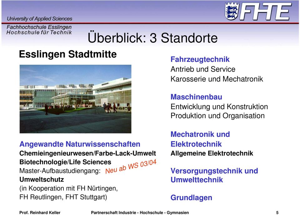 Master-Aufbaustudiengang: Umweltschutz (in Kooperation mit FH Nürtingen, FH Reutlingen, FHT Stuttgart) Neu ab WS 03/04 Mechatronik und