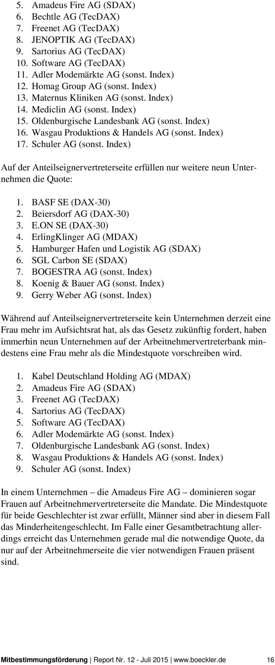 Index) 17. Schuler AG (sonst. Index) Auf der Anteilseignervertreterseite erfüllen nur weitere neun Unternehmen die Quote: 1. BASF SE (DAX-30) 2. Beiersdorf AG (DAX-30) 3. E.ON SE (DAX-30) 4.