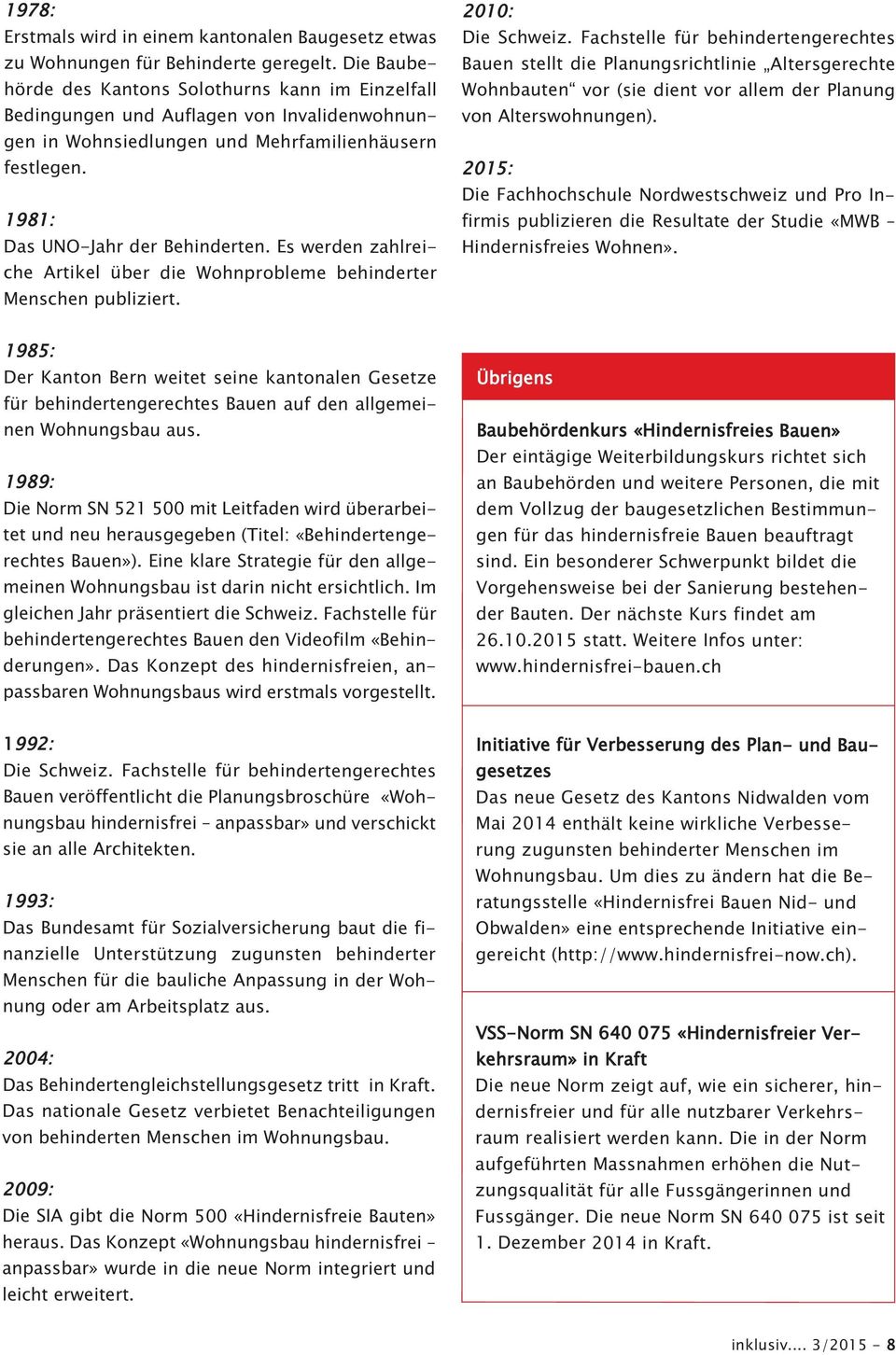 Es werden zahlreiche Artikel über die Wohnprobleme behinderter Menschen publiziert. 2010: Die Schweiz.