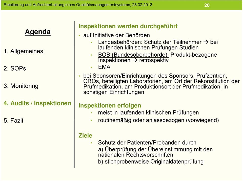 Prüfmedikation, am Produktionsort der Prüfmedikation, in sonstigen Einrichtungen Inspektionen erfolgen meist in laufenden klinischen Prüfungen routinemäßig oder