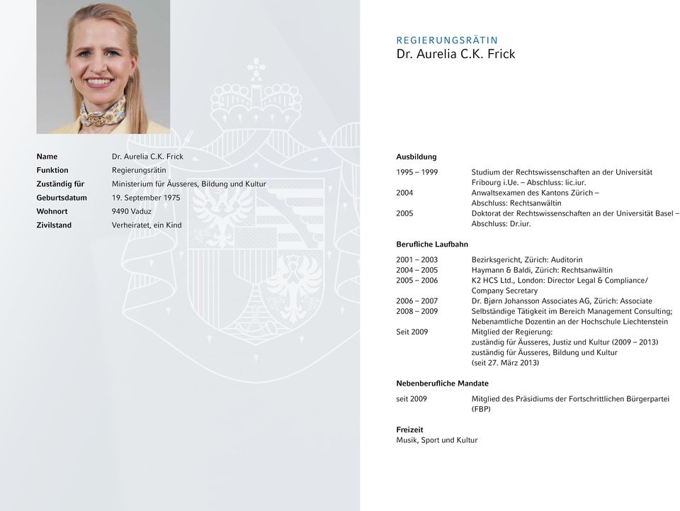2004 Anwaltsexamen des Kantons Zürich Abschluss: Rechtsanwältin 2005 Doktorat der Rechtswissenschaften an der Universität Basel Abschluss: Dr.iur.