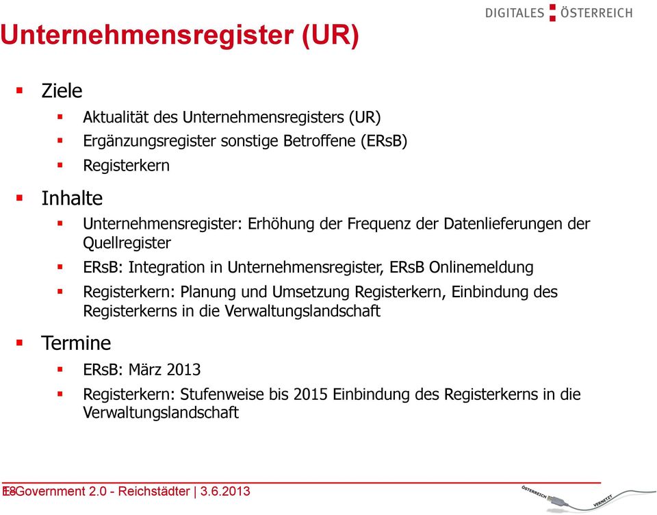 ERsB Onlinemeldung Registerkern: Planung und Umsetzung Registerkern, Einbindung des Registerkerns in die Verwaltungslandschaft ERsB: März
