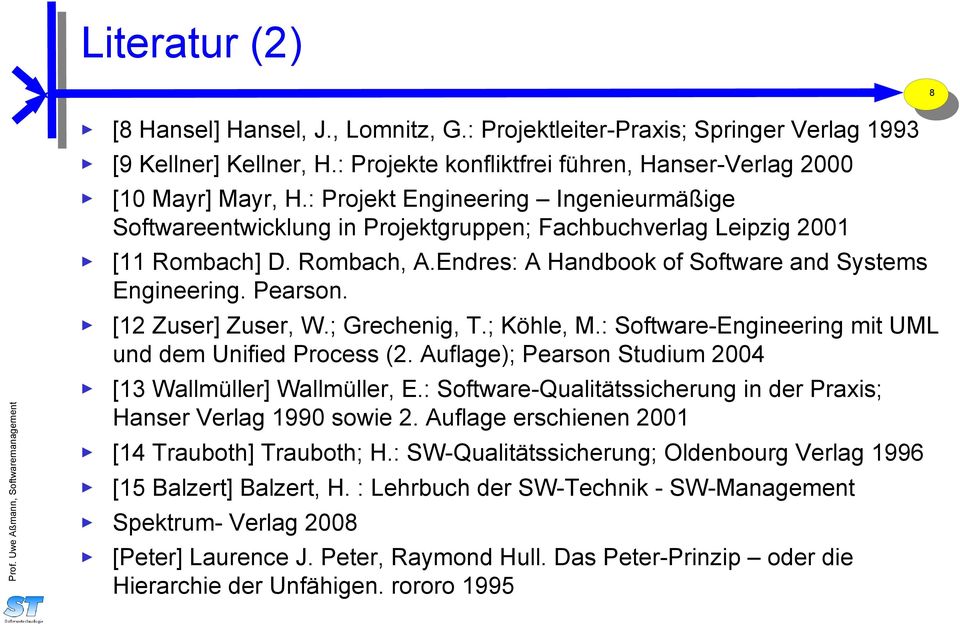 [12 Zuser] Zuser, W.; Grechenig, T.; Köhle, M.: Software-Engineering mit UML und dem Unified Process (2. Auflage); Pearson Studium 2004 [13 Wallmüller] Wallmüller, E.