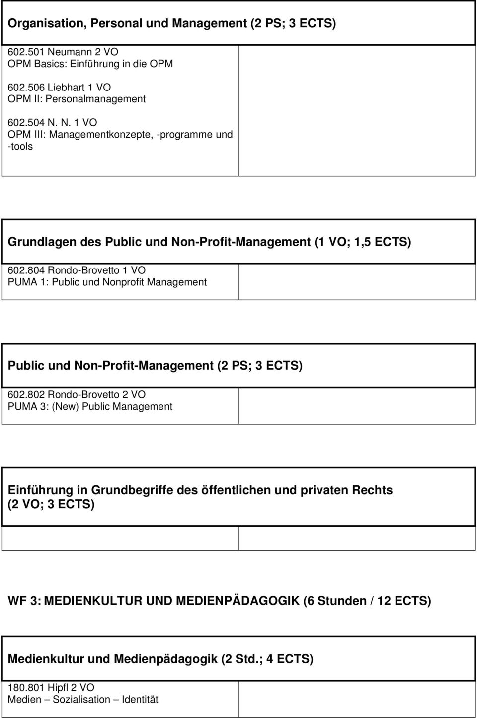 N. 1 VO OPM III: Managementkonzepte, -programme und -tools Grundlagen des Public und Non-Profit-Management (1 VO; 1,5 ECTS) 602.