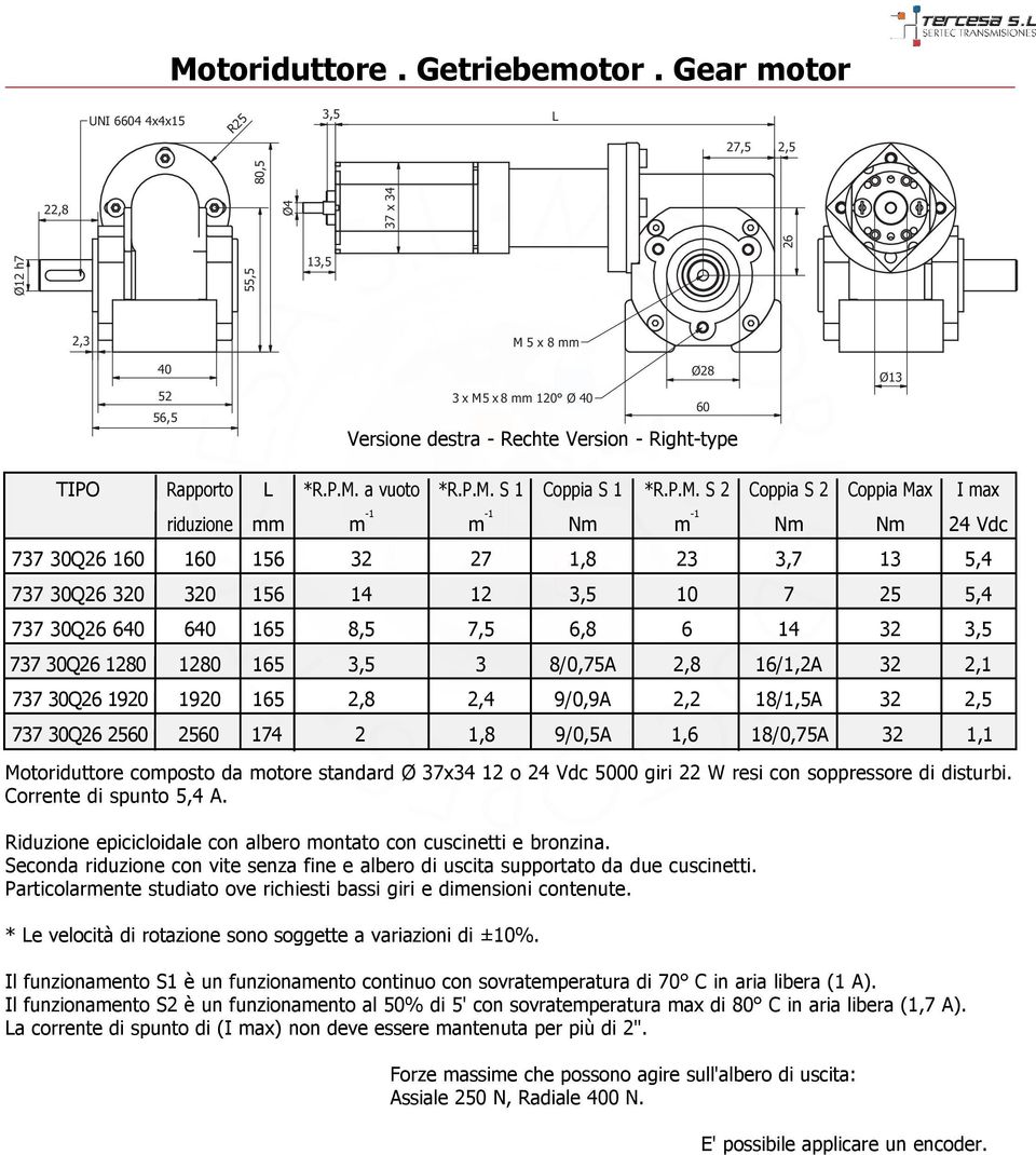 Motoriduttore composto da motore standard Ø 37x3 o giri W resi con soppressore di disturbi. Corrente di spunto, A. Riduzione epicicloidale con albero montato con cuscinetti e bronzina.