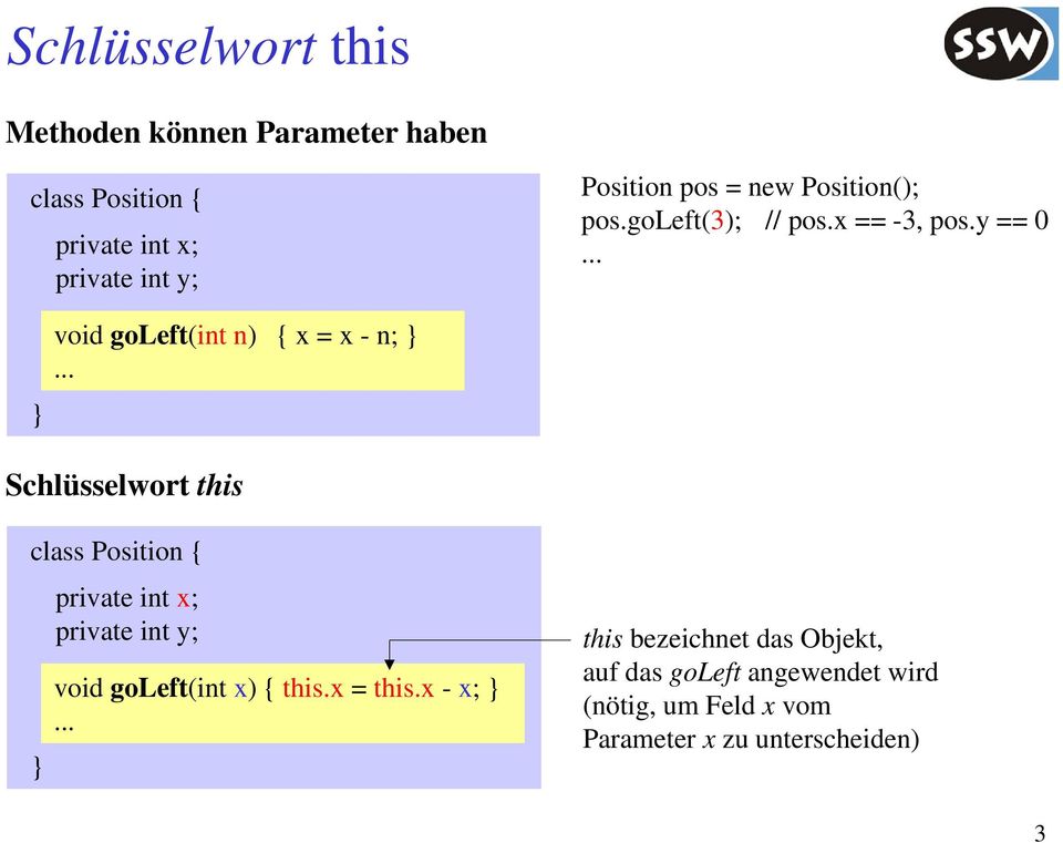 y == 0 void goleft(int n) { x = x - n; Schlüsselwort this class Position { private int x; private int y;