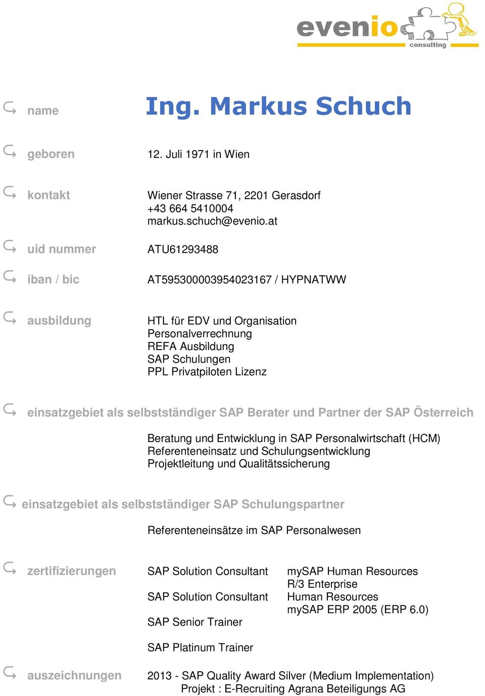 SAP Berater und Partner der SAP Österreich Beratung und Entwicklung in SAP Personalwirtschaft (HCM) Referenteneinsatz und Schulungsentwicklung Projektleitung und Qualitätssicherung einsatzgebiet als