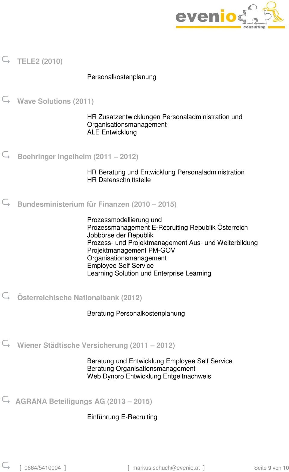 Projektmanagement Aus- und Weiterbildung Projektmanagement PM-GOV Employee Self Service Learning Solution und Enterprise Learning Österreichische Nationalbank (2012) Beratung Personalkostenplanung