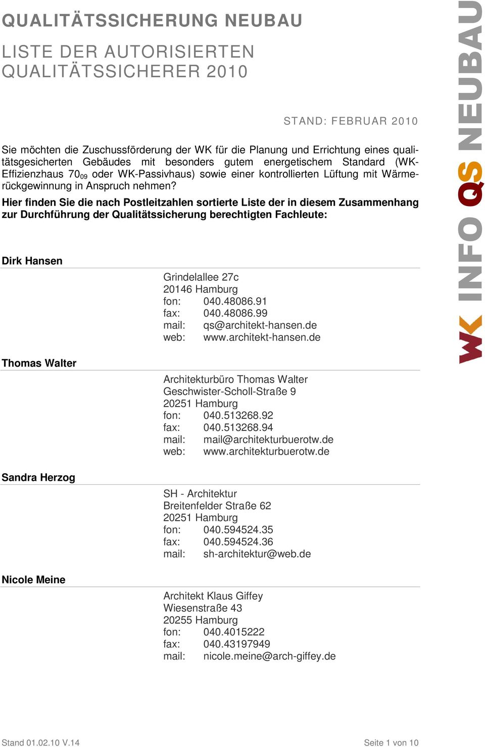 Hier finden Sie die nach Postleitzahlen sortierte Liste der in diesem Zusammenhang zur Durchführung der Qualitätssicherung berechtigten Fachleute: Dirk Hansen Grindelallee 27c 20146 Hamburg fon: 040.