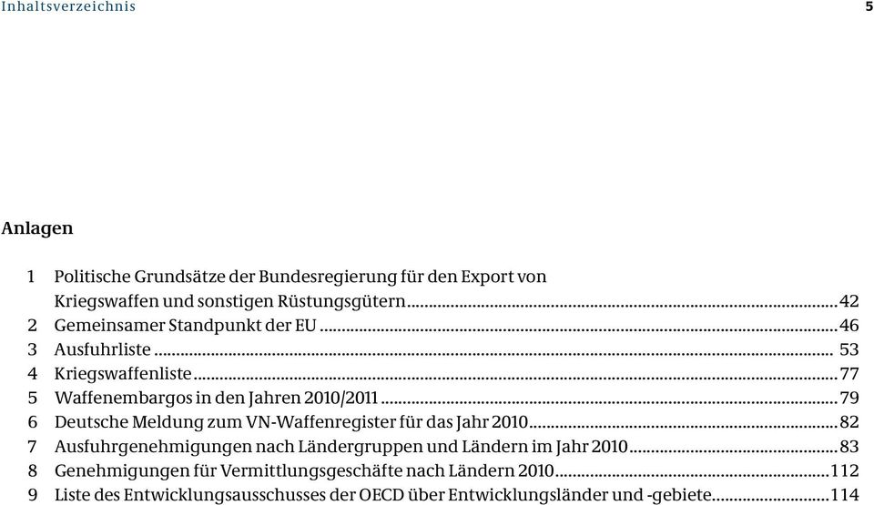 ..79 6 Deutsche Meldung zum VN-Waffenregister für das Jahr 2010...82 7 Ausfuhrgenehmigungen nach Ländergruppen und Ländern im Jahr 2010.