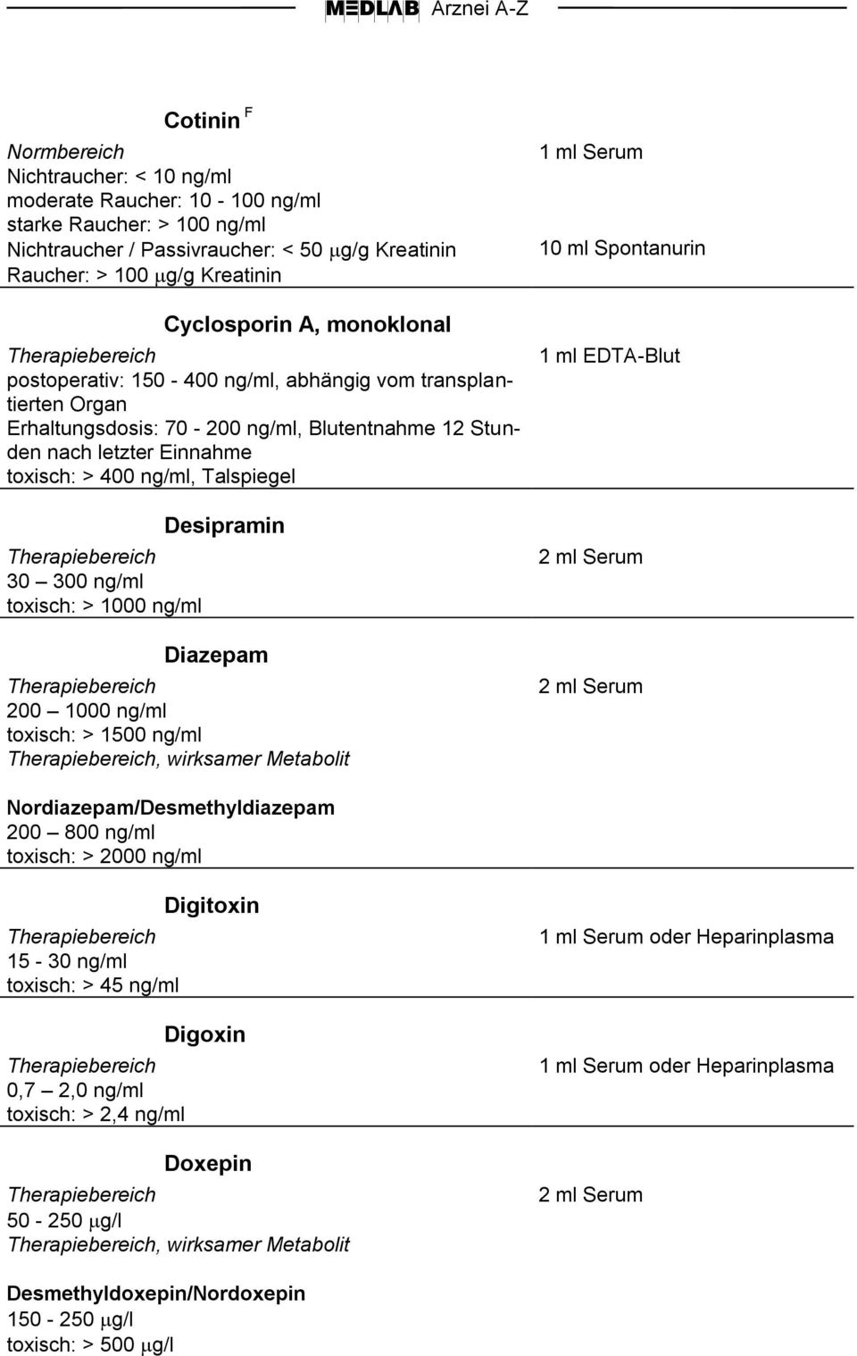 Desipramin Diazepam 200 1000 ng/ml toxisch: > 1500 ng/ml, wirksamer Metabolit 10 ml Spontanurin 1 ml EDTA-Blut Nordiazepam/Desmethyldiazepam 200 800 ng/ml toxisch: > 2000 ng/ml 15-30 ng/ml toxisch: