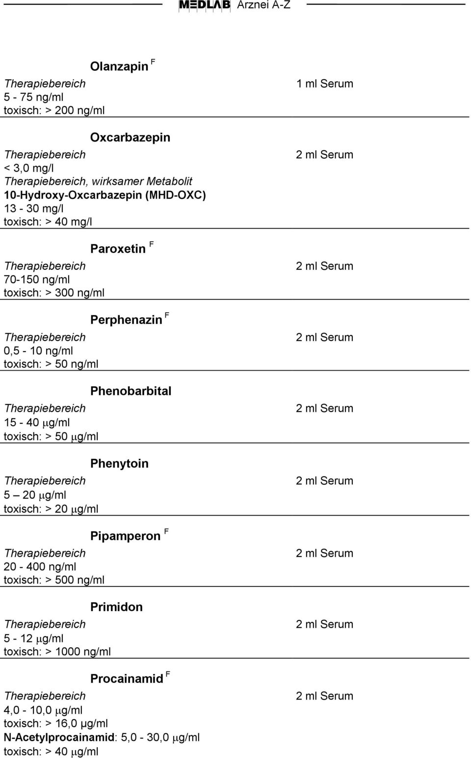 toxisch: > 50 g/ml 5 20 g/ml toxisch: > 20 g/ml 20-400 ng/ml 5-12 g/ml Paroxetin F Perphenazin F Phenobarbital