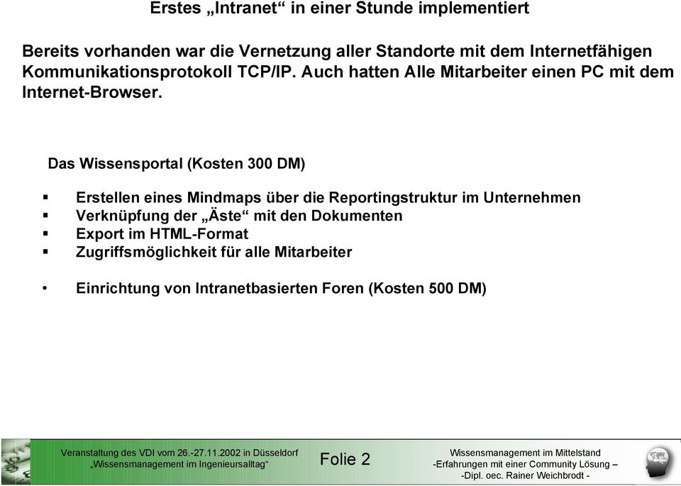 Das Wissensportal (Kosten 300 DM) Erstellen eines Mindmaps über die Reportingstruktur im Unternehmen Verknüpfung der Äste mit den