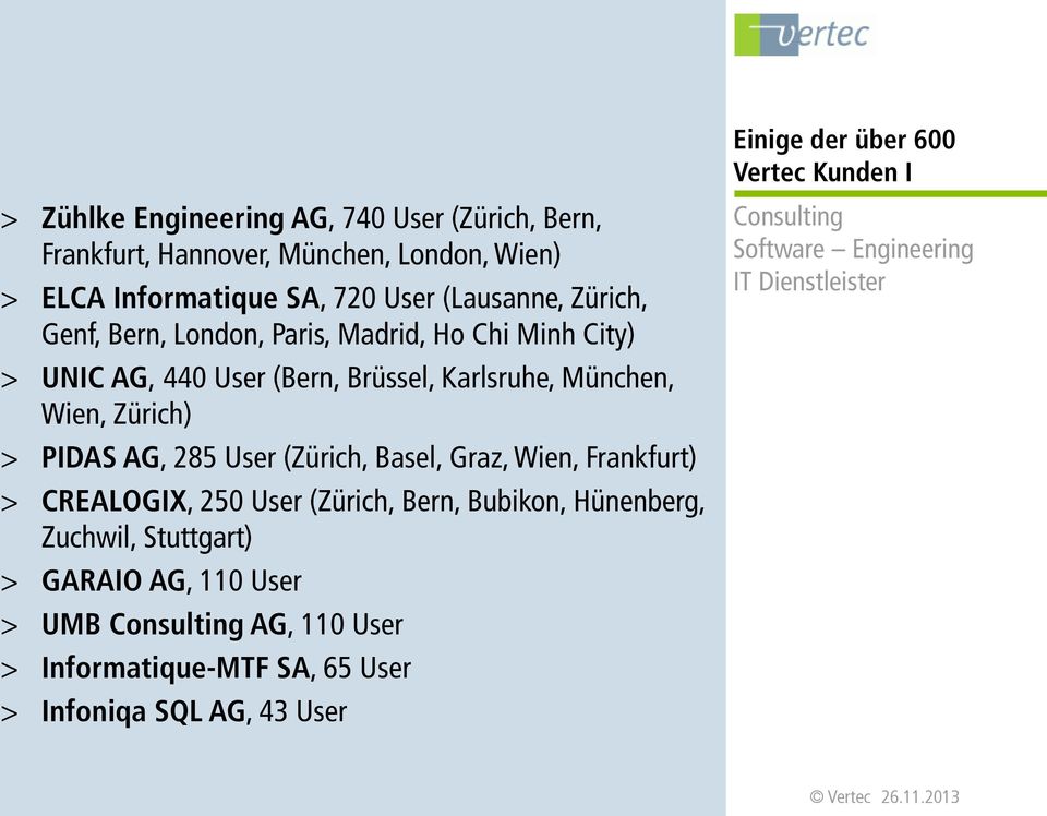 Zürich) > PIDAS AG, 285 User (Zürich, Basel, Graz, Wien, Frankfurt) > CREALOGIX, 250 User (Zürich, Bern, Bubikon, Hünenberg, Zuchwil, Stuttgart) >