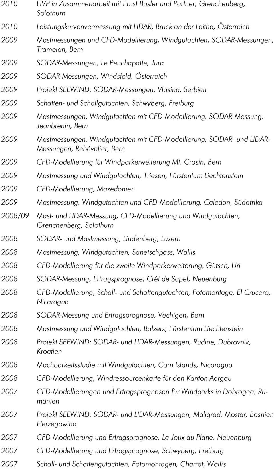 Schatten- und Schallgutachten, Schwyberg, Freiburg 2009 Mastmessungen, Windgutachten mit CFD-Modellierung, SODAR-Messung, Jeanbrenin, Bern 2009 Mastmessungen, Windgutachten mit CFD-Modellierung,