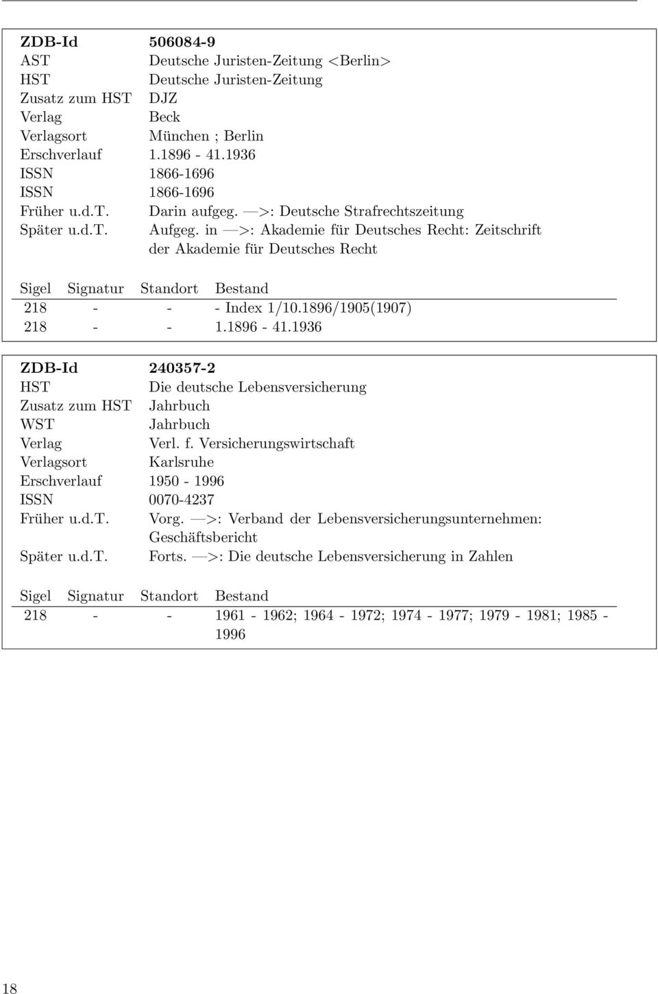 1936 ZDB-Id 240357-2 HST Die deutsche Lebensversicherung Zusatz zum HST Jahrbuch WST Jahrbuch Verl. f. Versicherungswirtschaft sort Karlsruhe Erschverlauf 1950-1996 ISSN 0070-4237 Früher u.d.t. Vorg.