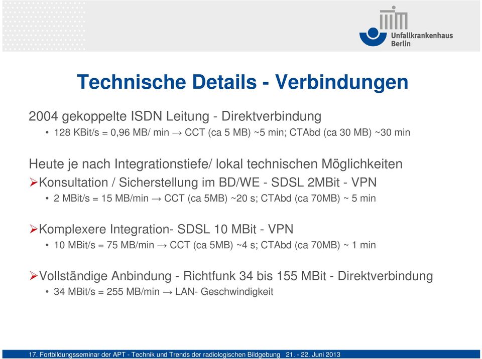 MBit/s = 15 MB/min CCT (ca 5MB) ~20 s; CTAbd (ca 70MB) ~ 5 min Komplexere Integration- SDSL 10 MBit - VPN 10 MBit/s = 75 MB/min CCT (ca 5MB)
