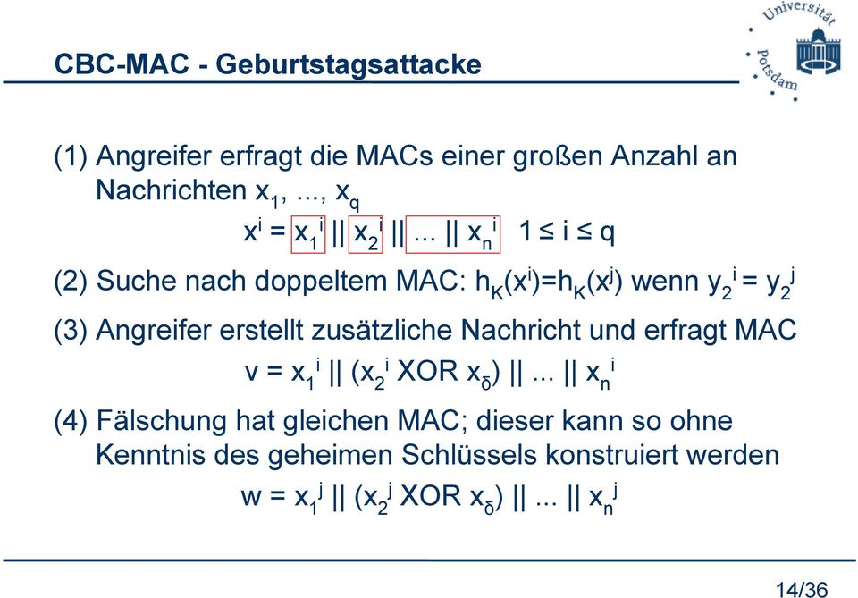.. x n i 1 i q (2) Suche nach doppeltem MAC: h K (x i )=h K (x j ) wenn y 2 i = y 2 j (3) Angreifer erstellt