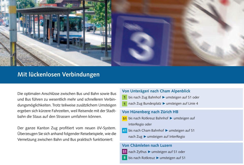 Überzeugen Sie sich anhand folgender Reisebeispiele, wie die Vernetzung zwischen Bahn und Bus praktisch funktioniert: Von Unterägeri nach Cham Alpenblick 1 1 bis nach Zug Bahnhof umsteigen auf S1