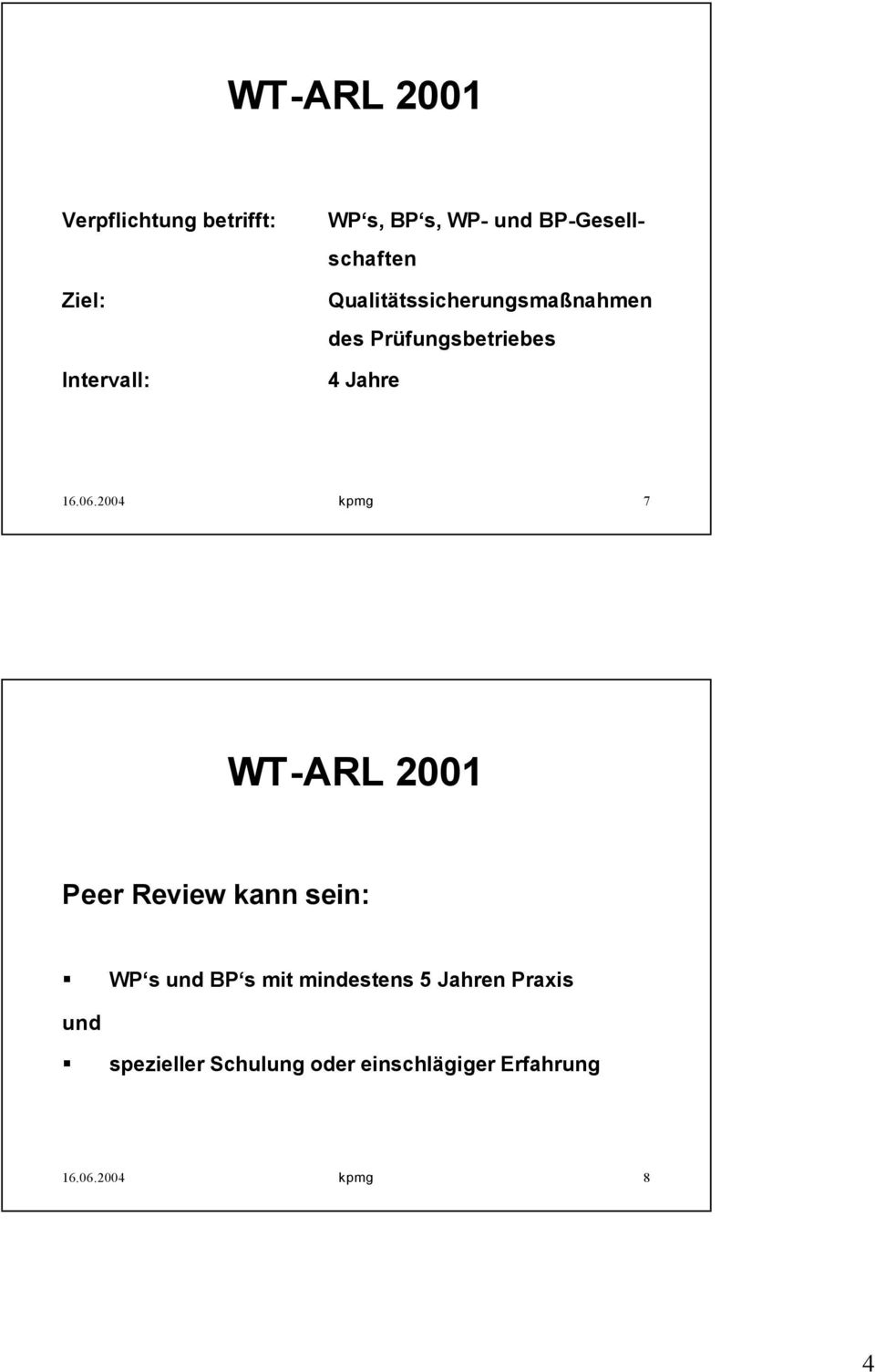 06.2004 kpmg 7 WT-ARL 2001 Peer Review kann sein: WP s und BP s mit mindestens