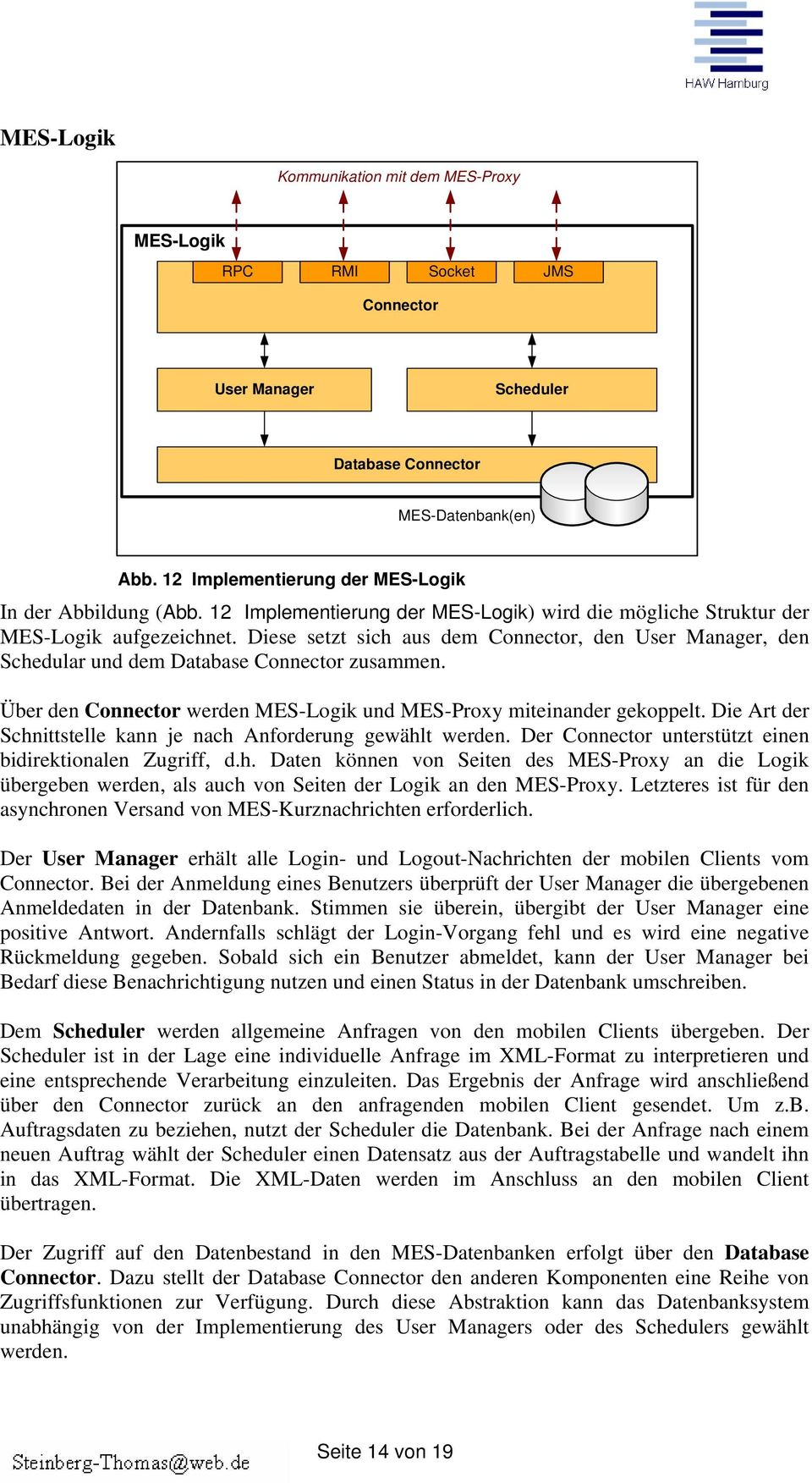 Diese setzt sich aus dem Connector, den User Manager, den Schedular und dem Database Connector zusammen. Über den Connector werden MES-Logik und MES-Proxy miteinander gekoppelt.