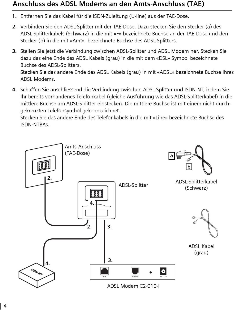 Stellen Sie jetzt die Verbindung zwischen ADSL-Splitter und ADSL Modem her. Stecken Sie dazu das eine Ende des ADSL Kabels (grau) in die mit dem «DSL» Symbol bezeichnete Buchse des ADSL-Splitters.