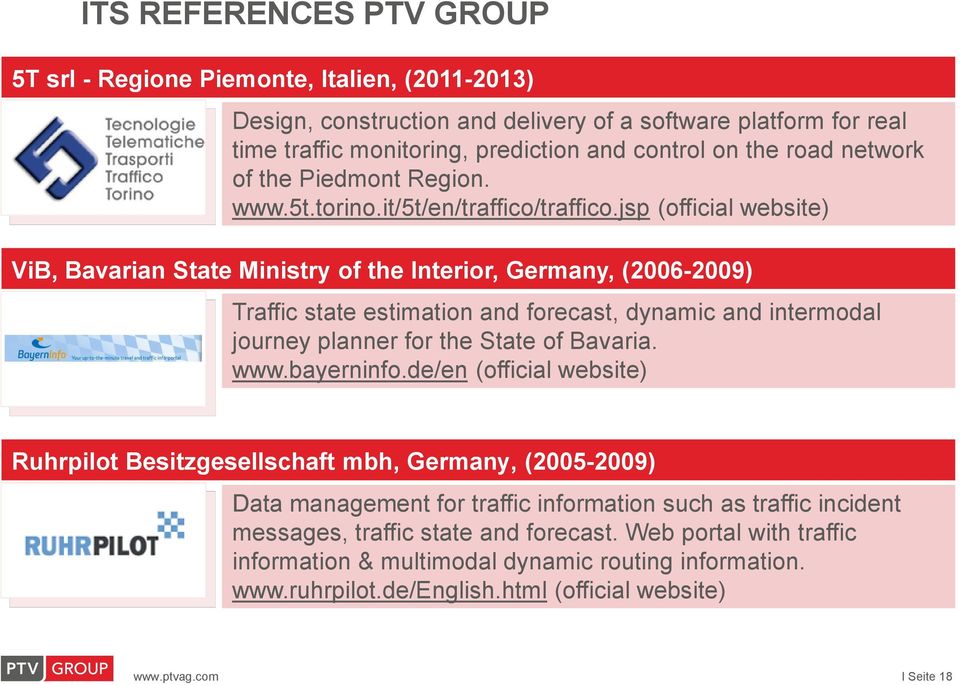 jsp (official website) ViB, Bavarian State Ministry of the Interior, Germany, (2006-2009) Traffic state estimation and forecast, dynamic and intermodal journey planner for the State of Bavaria. www.