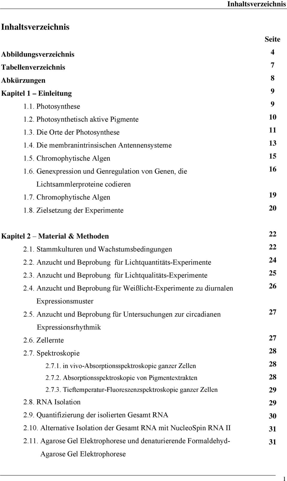 Chromophytische Algen 1.8. Zielsetzung der Experimente Seite 4 7 8 9 9 10 11 13 15 16 19 20 Kapitel 2 Material & Methoden 2.1. Stammkulturen und Wachstumsbedingungen 2.2. Anzucht und Beprobung für Lichtquantitäts-Experimente 2.