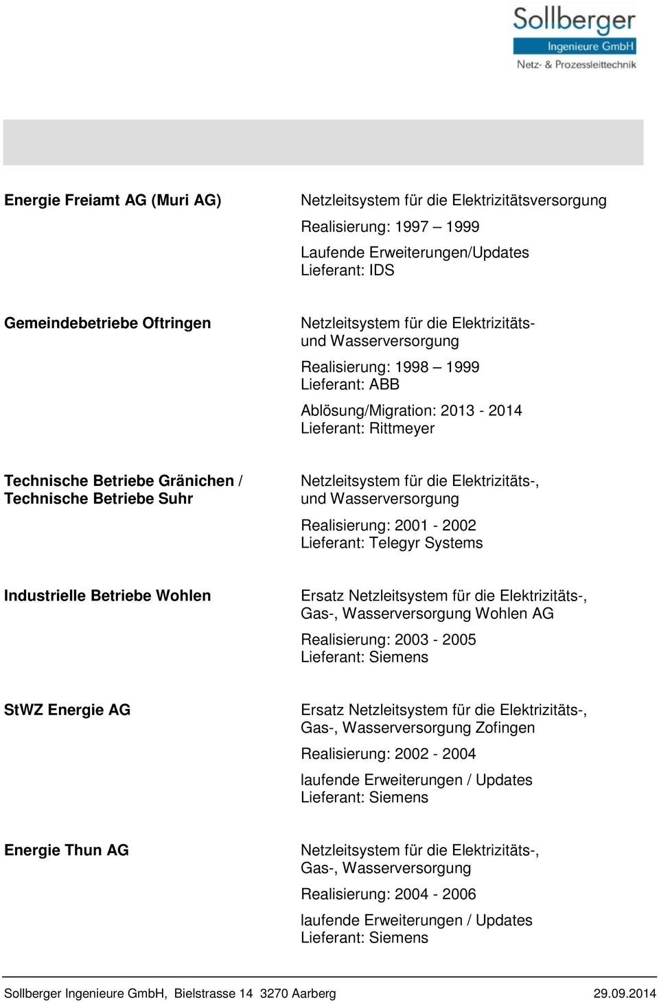 Betriebe Gränichen / Technische Betriebe Suhr Realisierung: 2001-2002 Industrielle Betriebe Wohlen Ersatz Wohlen AG Realisierung: 2003-2005 StWZ