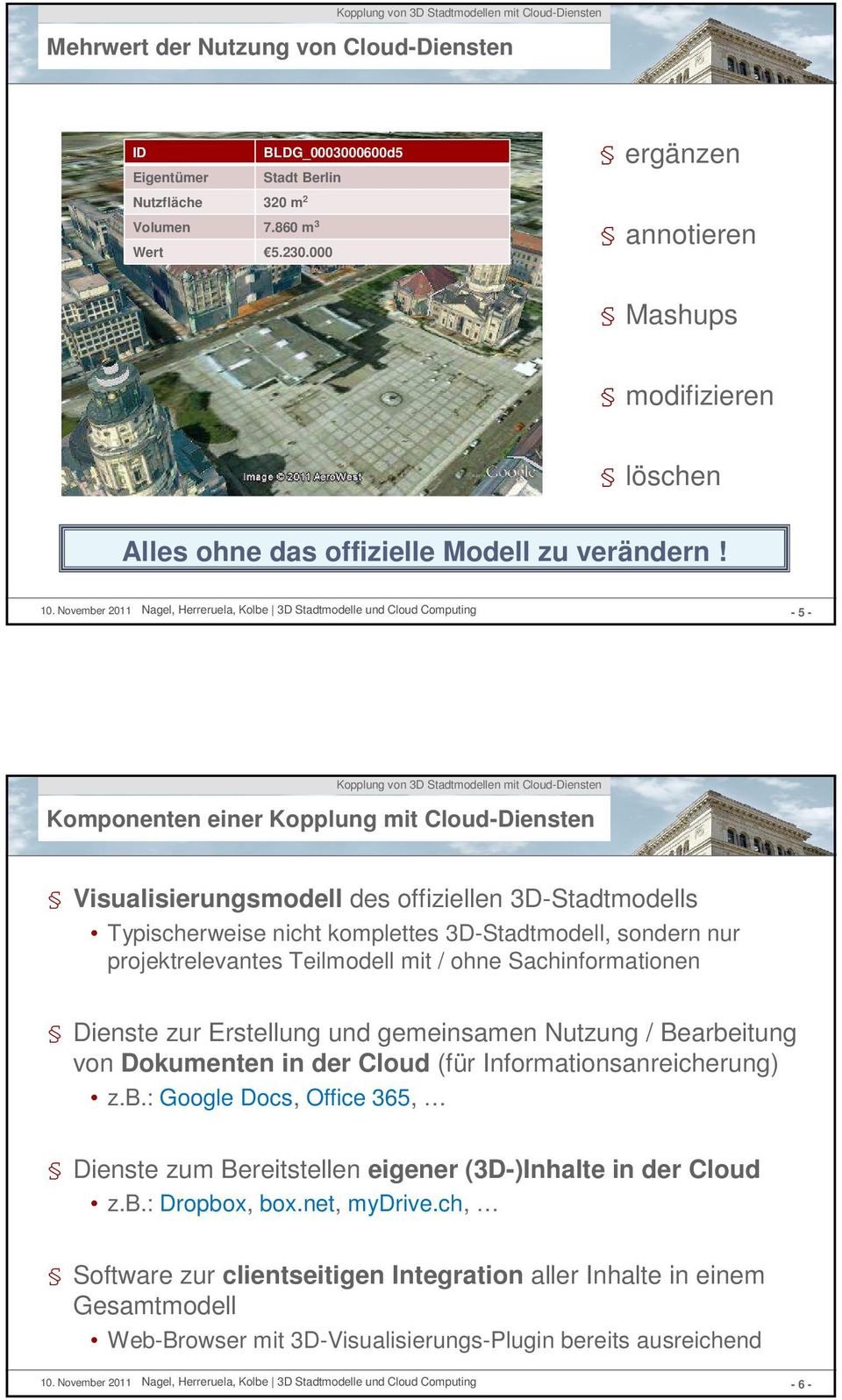 - 5 - Komponenten einer Kopplung mit Cloud-Diensten Visualisierungsmodell des offiziellen 3D-Stadtmodells Typischerweise nicht komplettes 3D-Stadtmodell, sondern nur projektrelevantes Teilmodell mit