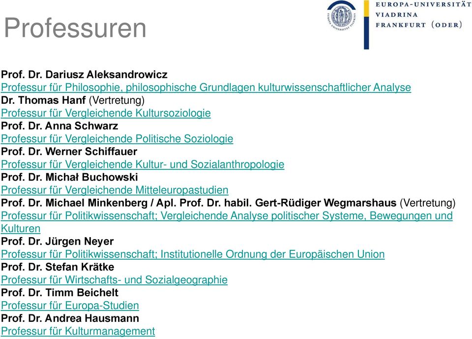 Dr. Michał Buchowski Professur für Vergleichende Mitteleuropastudien Prof. Dr. Michael Minkenberg / Apl. Prof. Dr. habil.