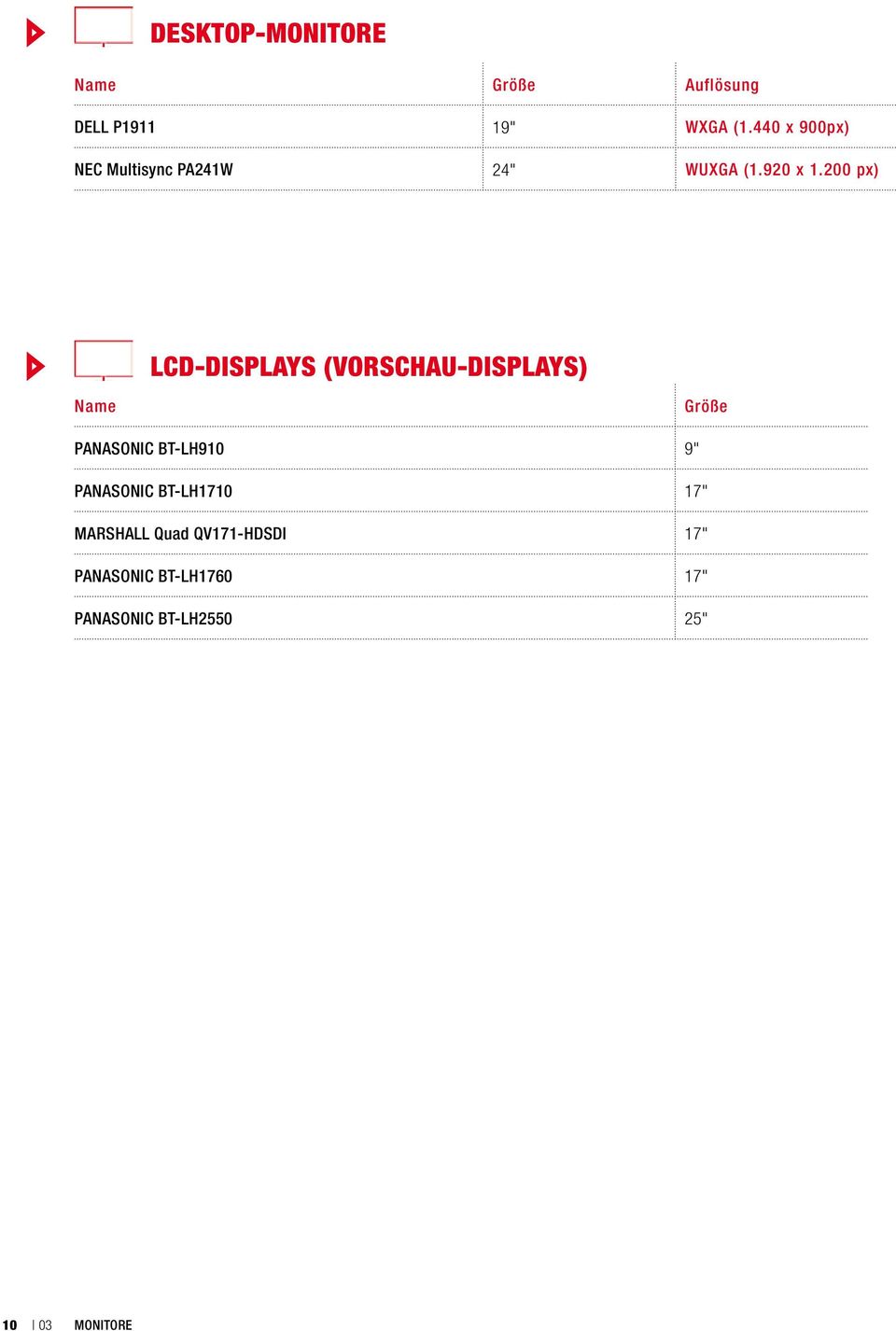 200 px) LCD-Displays (Vorschau-Displays) Name Größe PANASONIC BT-LH910 9"