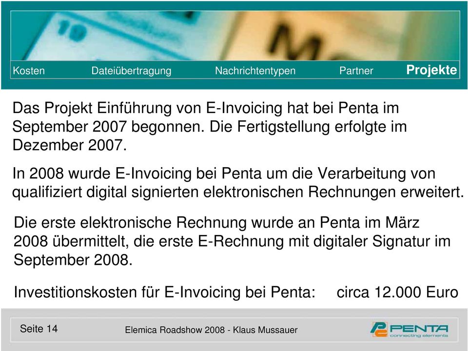 In 2008 wurde E-Invoicing bei Penta um die Verarbeitung von qualifiziert digital signierten elektronischen Rechnungen erweitert.